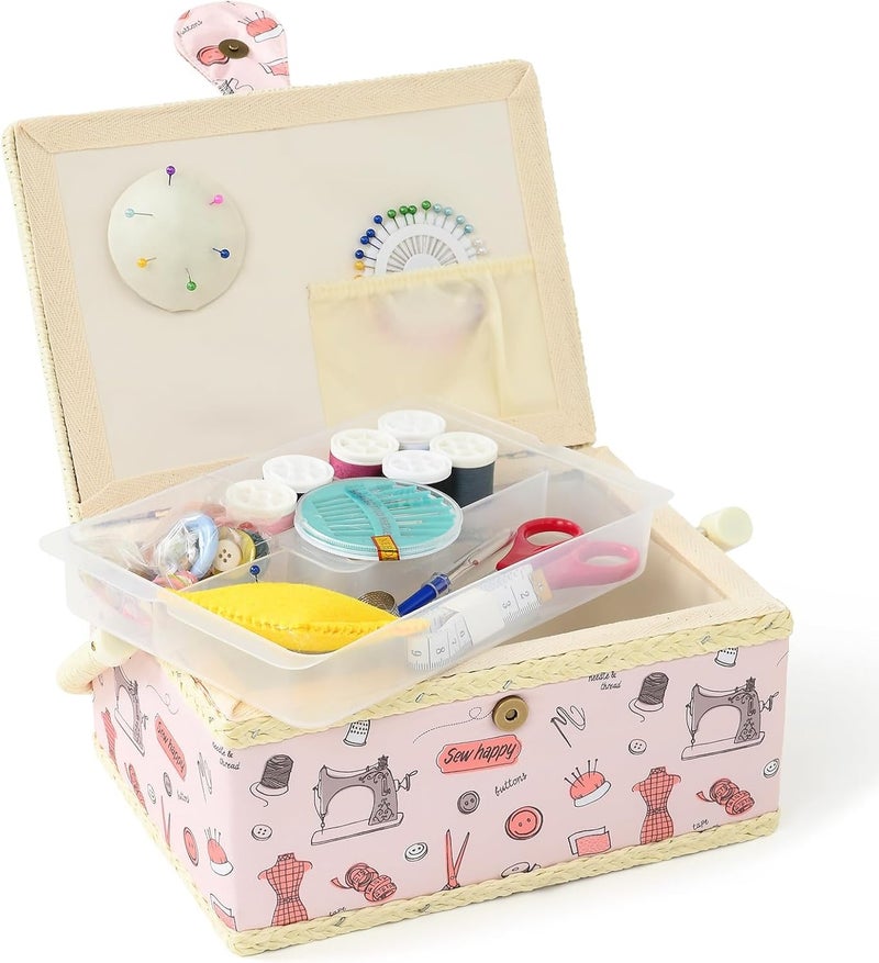 FOPUGT Sewing Basket - Medium Sewing Box for Sewing Supplies, Sewing Organizer Box Sewing Kit Storage Christmas Gift for Sewing Enthusiast (Pastel Pink) - Image 1